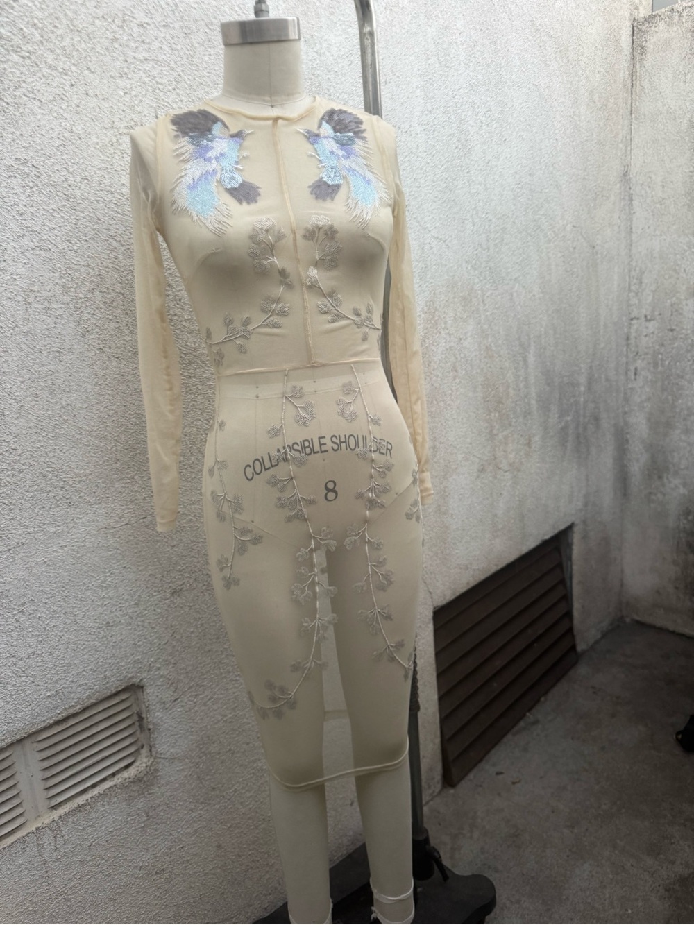 Sheer Ivory Embroidered Bodycon Dress with Bird Motif